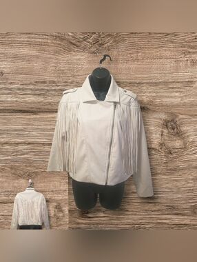 Main Strip Ivory Long Fringe Faux Leather Jacket NWOT